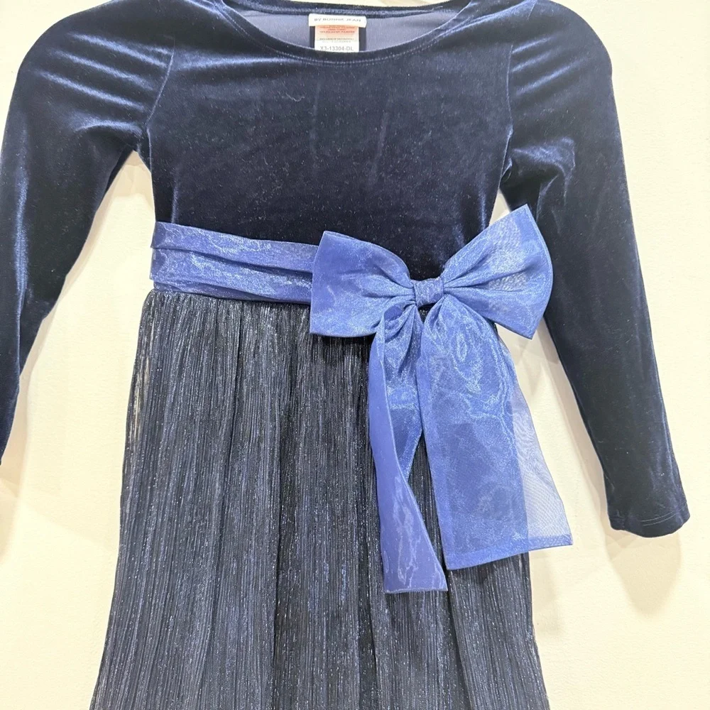 Bonnie Jean Girls Navy Velvet Glitter Tulle Dress w/ Bow Holiday Christmas 6 - Picture 3 of 5